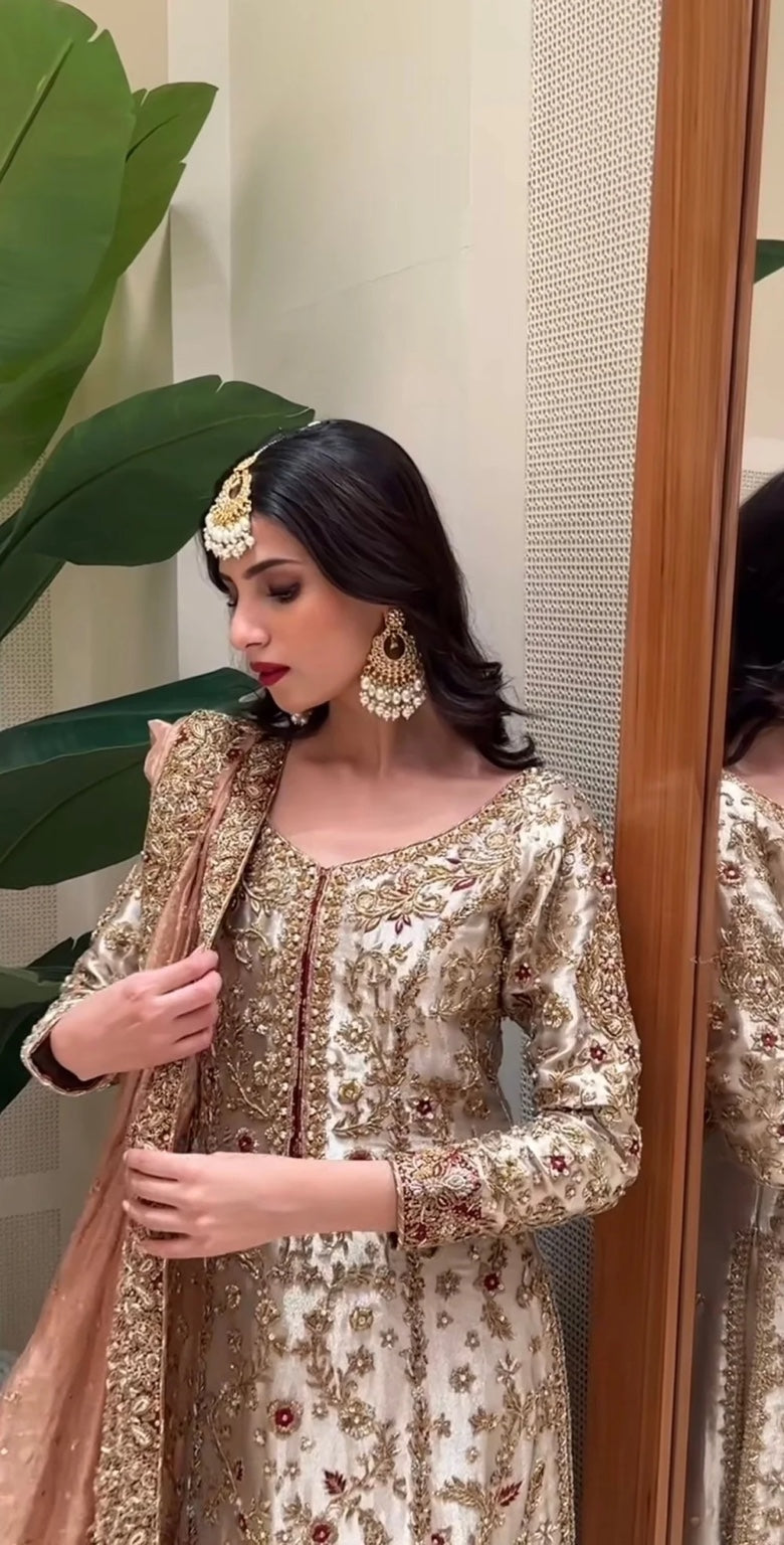 Zeeshan Danish Dilruba Style portrait showing ivory gold embroidery and blush dupatta