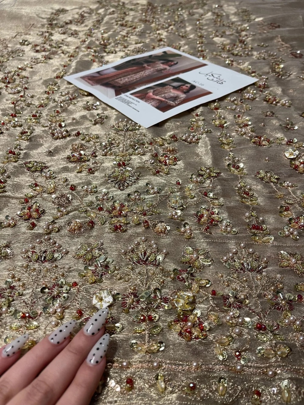 Zeeshan Danish Dilruba Style ivory gold fabric close-up with floral hand embellishment