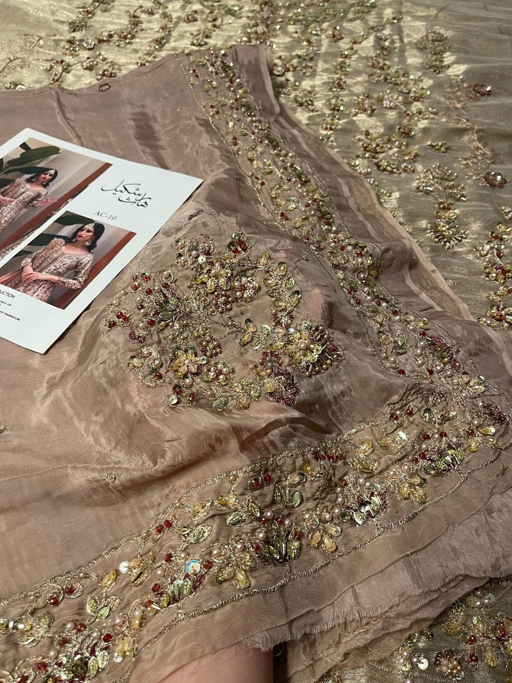 Zeeshan Danish Dilruba Style blush dupatta border and ivory gold embellished fabric detail