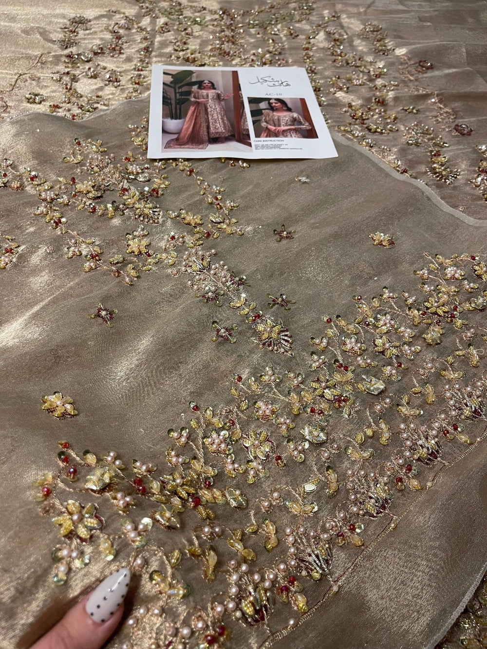Zeeshan Danish Dilruba Style blush dupatta and ivory gold hand embellished fabric close-up