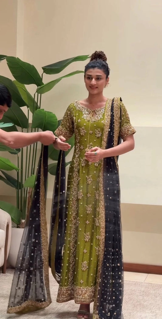 Zeeshan Danish Rehma Style olive green embellished formal outfit front view
