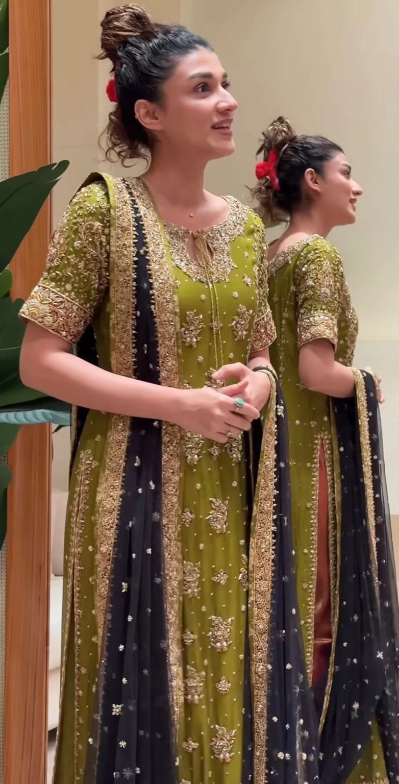 Zeeshan Danish Rehma Style olive green hand embellished neckline and black dupatta