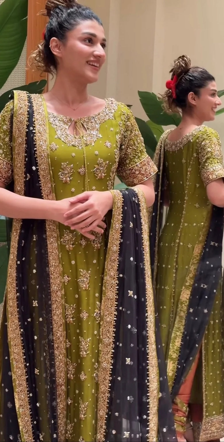 Zeeshan Danish Rehma Style olive green embellished shirt close front view