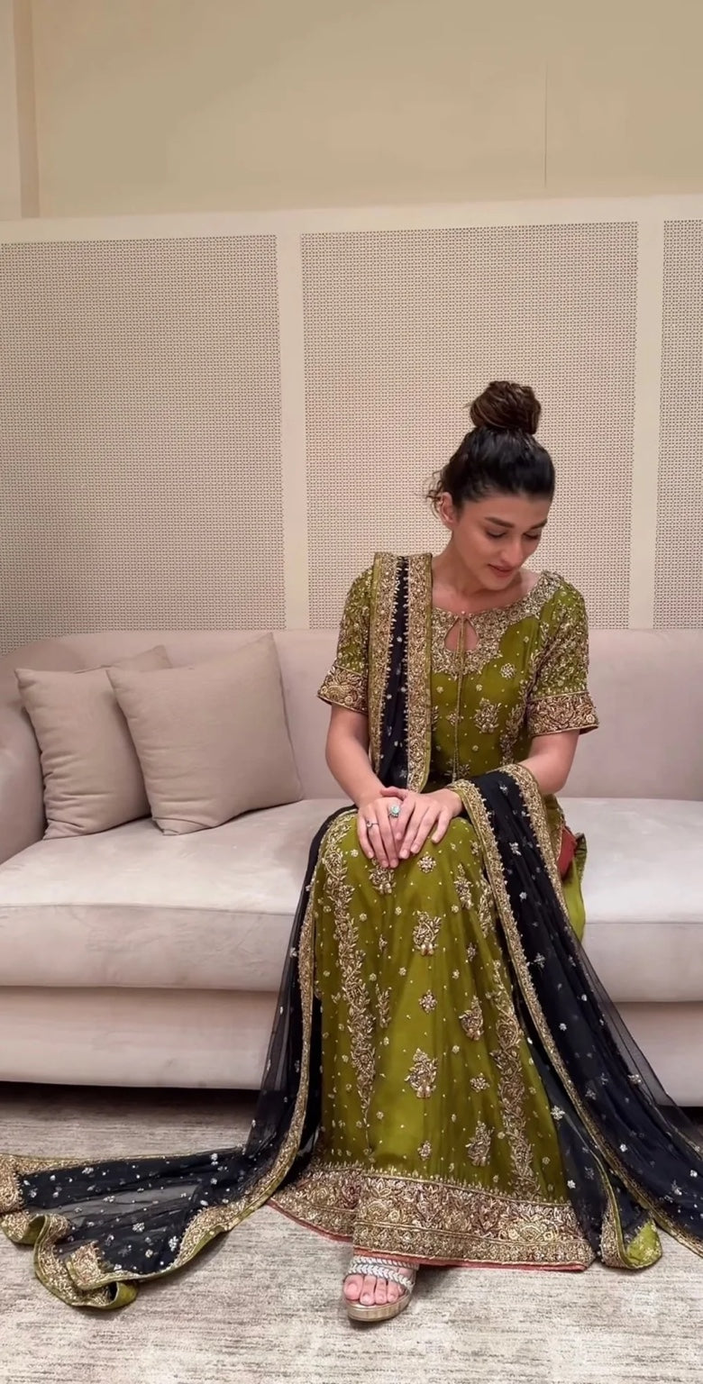 Zeeshan Danish Rehma Style seated full look with olive green shirt and black dupatta