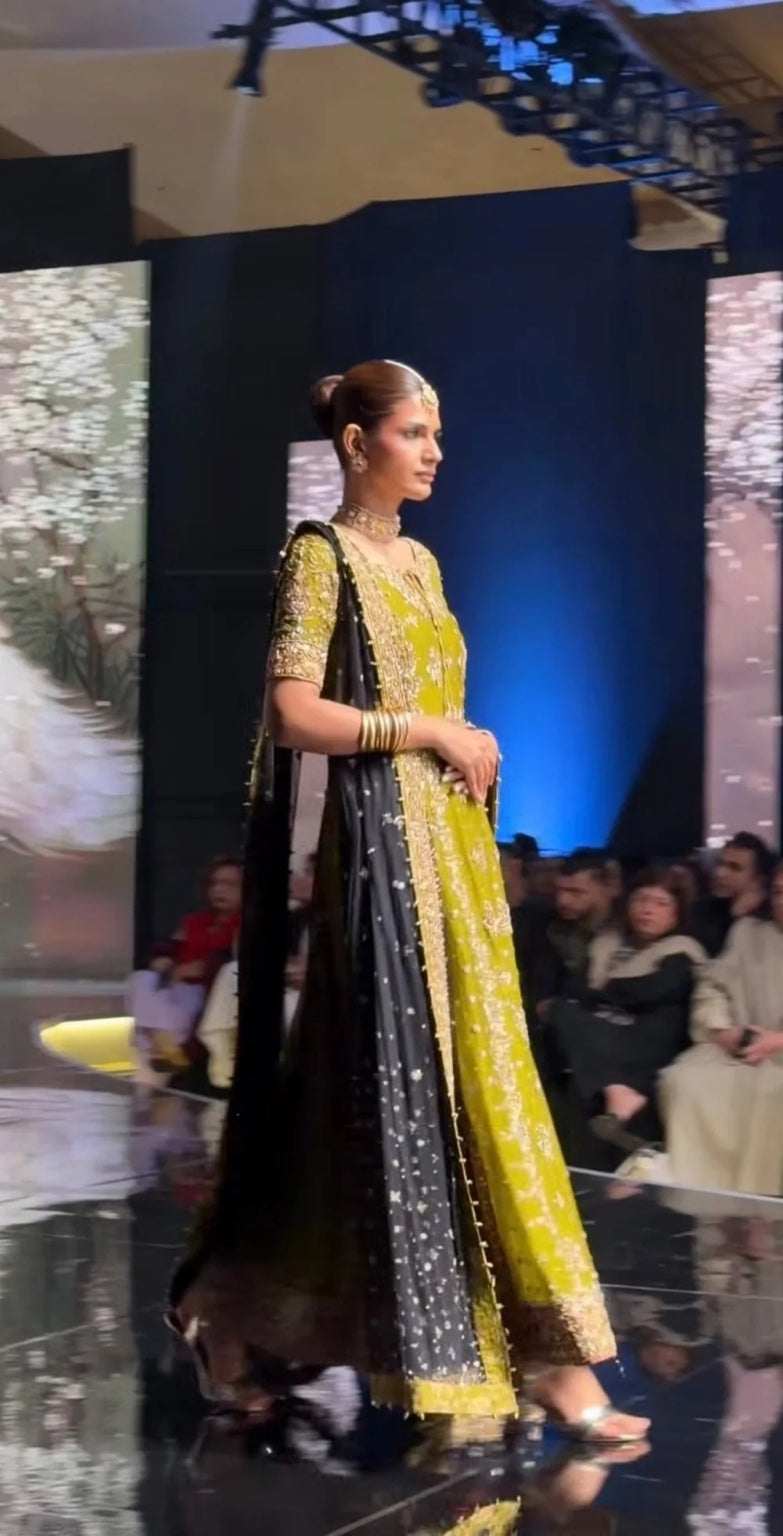 Zeeshan Danish Rehma Style runway view with olive green embellished shirt and black dupatta