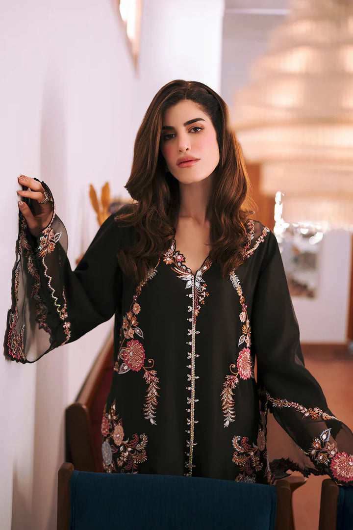Zona Shaham Elle Style black embroidered shirt close view